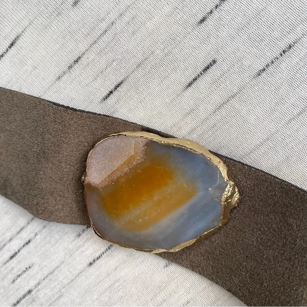 Agate Stone and Raw Suede with Gold Hardware Statement Cuff Bracelet - Picture 8 of 8